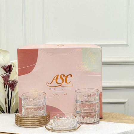 طقم صحون مكسرات 6/6 زجاج سادة مثلج حيف ذهبي معرج KX2239-B +غ2