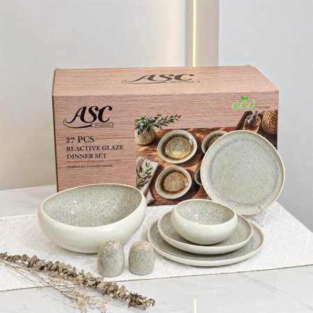 طقم صحون سفرة 27 قطعة بورسلان معرج داخل موشح كريمي GLaze-1023 ++م3