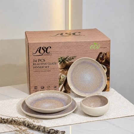 طقم صحون سفرة 24 قطعة بورسلان معرج داخل موشح بيج GLaze-1024 ++م3