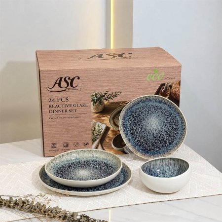 طقم صحون سفرة 27 قطعة بورسلان ابيض معرج داخل موشح ازرق GLaze-1025 ++م3