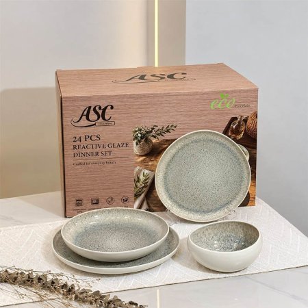 طقم صحون سفرة 24 قطعة بورسلان معرج داخل موشح كريمي GLaze-1027 ++م3