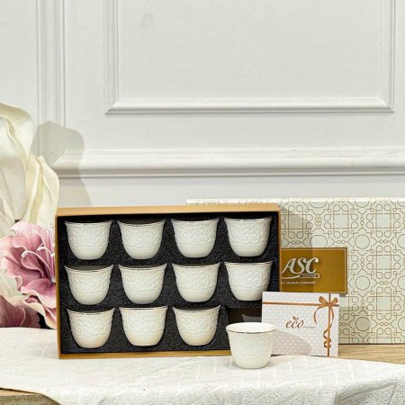 طقم فناجين قهوة سادة /12بورسلان ابيض مزخرف حيف ذهبي ASC202645 ++م1