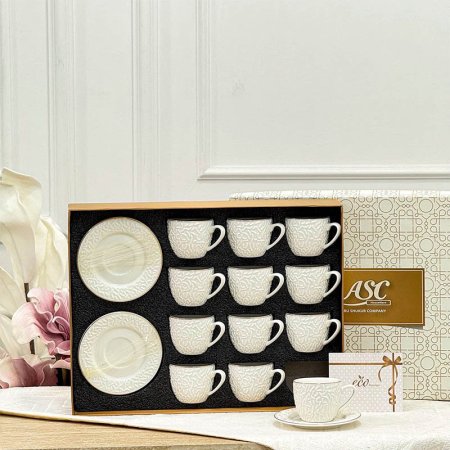طقم فناجين قهوة 12/12بورسلان ابيض90مل مبزر خطوط حيف ذهبي ASC202650 ++م1
