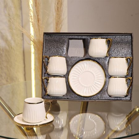 طقم فناجين نسكافيه 6/6 بورسلان ابيض محزز حيف ويد ذهبي GY2420 ++