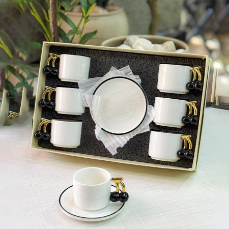 طقم فناجين قهوة 6/6 بورسلان ابيض يد كرزة اسود K401/1 =ك4