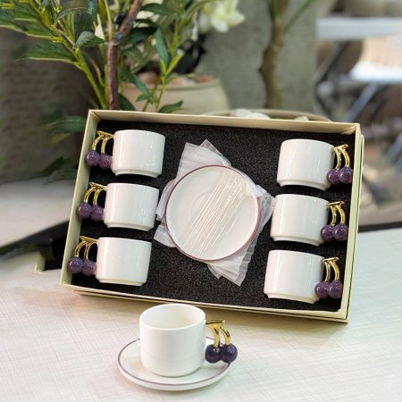 طقم فناجين قهوة 6/6 بورسلان ابيض يد كرزة بنفجسي K401/2 =ك4