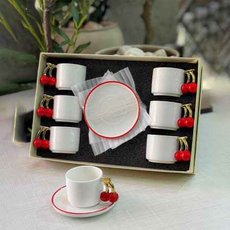 طقم فناجين قهوة 6/6 بورسلان ابيض يد كرزة احمر K401/3 =ك4