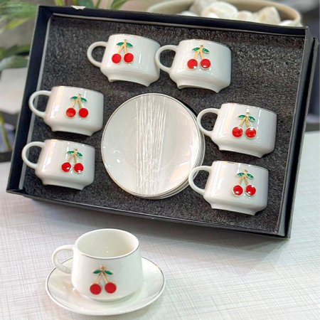 طقم فناجين قهوة 6/6 بورسلان ابيض قدرة تعليقة كرزة K401/4 =ك4