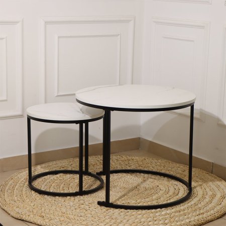 طقم اسكملات/2 مدور خشب ماربل ابيض ارجل حديد اسود EL58/6-A =ط55