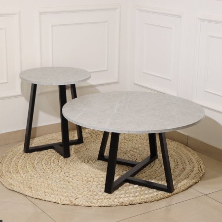 طقم/2 طاولة مدور +اسكملة خشب سكني ارجل حديد اسود EL58/5-C =ط55