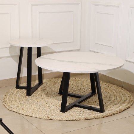 طقم/2 طاولة مدور +اسكملة خشب ماربل ابيض ارجل حديد اسود EL58/5-A =ط55