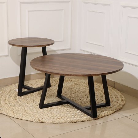 طقم/2 طاولة مدور +اسكملة خشب بني محروق ارجل حديد اسود EL58/5-B =ط55