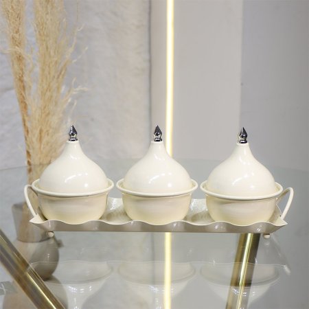 طقم/4 صينية + 3 مضايف تنك بيج غطا فضي EL29/15 =ط55