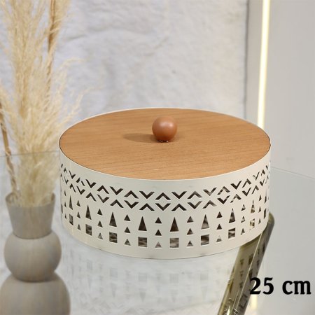 مضيفة مدور 25سم تنك بيج غطا ومسكة طابة خشب EL29/22 =ط55