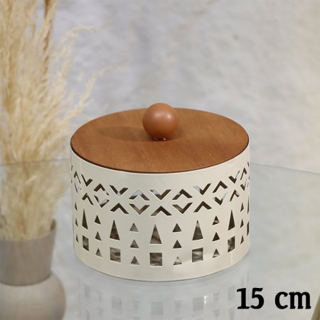 مضيفة مدور 15سم تنك بيج غطا ومسكة طابة خشب EL29/24 =ط55