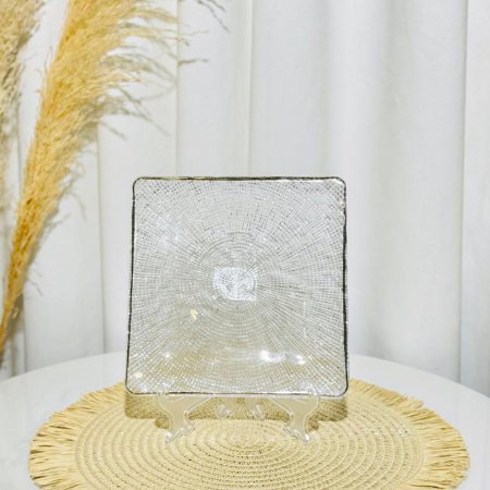 صحن كيك صفح مربع 20سم زجاج مبزر اطار ذهبي K54/22 =ك4