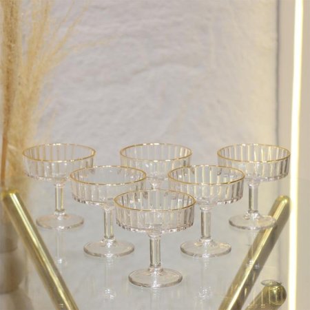 طقم كاسة جلي/6 زجاج سادة محزز عريض حيف ذهبي برجل EL131/4 =ك8