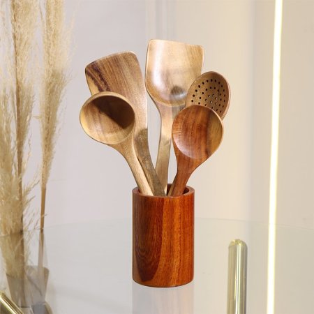 طقم حماله ادوات مطبخ 5 قطعة خشب بامبو معتق مع ستاند EL78/7 =ط55