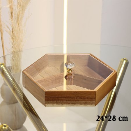 مضيفة مكسرات شكل سداسي مقطع 3عين 28*24سم خشب بامبو غامق غطا اكرلك  EL72/6 =ط55