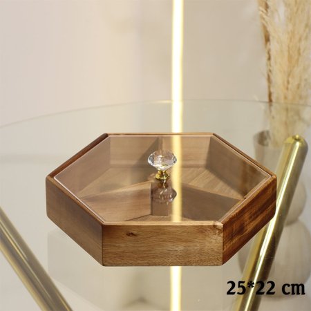 مضيفة مكسرات شكل سداسي مقطع 3عين 22*25سم خشب بامبو غامق غطا اكرلك  EL72/7 =ط55