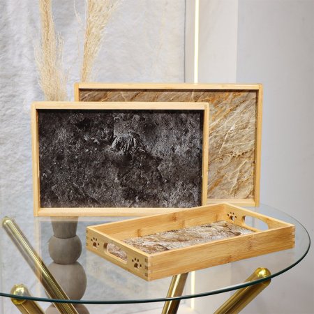 طقم صواني مستطيل/3 خشب بامبو وجة مرسم جرانيت بني EL72/25 =ط55