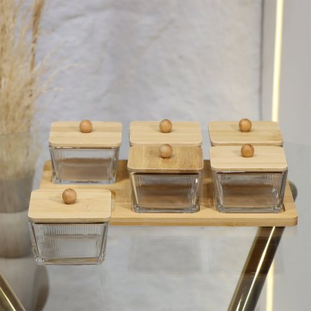 طقم/7 صينية خشب + 6 صحون مكسرات زجاج مربع غطا خشب بامبو EL72/29 =ط55