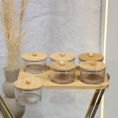 طقم/7 صينية خشب + 6 صحون مكسرات زجاج مدور غطا خشب بامبو EL72/30 =ط55