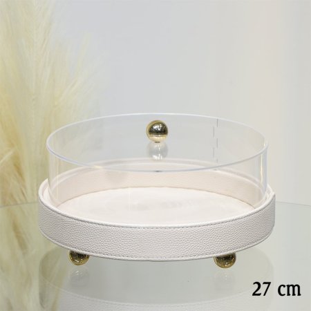 جاط كيك مدور 27سم جلد بيج غطا اكرلك شفاف مسكة ذهبي بأرجل EL14/2 =ط56