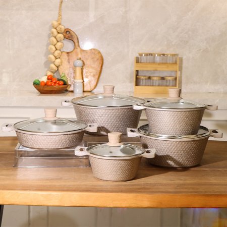 طقم طناجر سكب /10جرانيت 4طناجر طحيني( 20/24/28/32سم ) + مقلى 28سم غطا زجاج مسكة يد بلاستك ++ص5