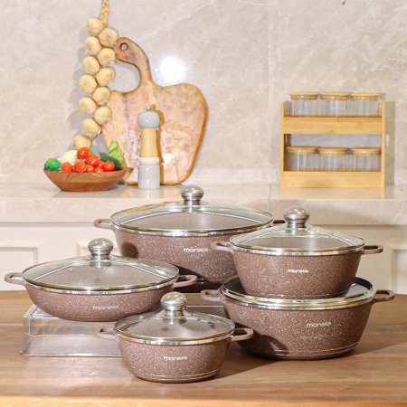 طقم طناجر سكب /10جرانيت 4طناجر بني ( 20/24/28/32سم ) + مقلى 28سم غطا زجاج مسكة يد ستانلس++ص5