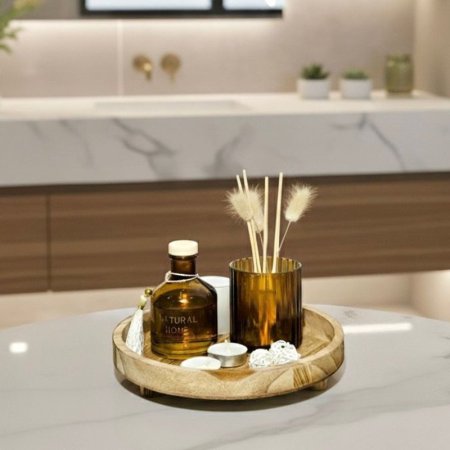 طقم مبخرة /4 صينية خشب مدور+معطر +2كاسة شمع زجاج عسلي k29/1 =ك4