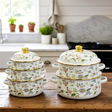 طقم/5 طناجر زينكو 16/18/20/22/24سم بيج مرسم ورد اخضر حيف ذهبي EL135/2 =ك6