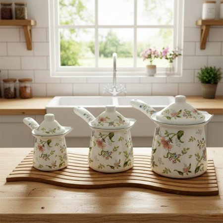 طقم/3 بكارج قهوة 8/10/11سم زينكو بيج مرسم ورد اخضر EL135/5 =ك6