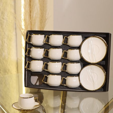 طقم فناجين قهوة 12/12 بورسلان ابيض قدرة محزز حيف ذهبي GY2401 ++