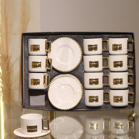 طقم فناجين قهوة 12/12 بورسلان ابيض مكتب HOME محزز GY2406 ++