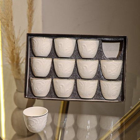 طقم فناجين قهوة سادة/12بورسلان ابيض مزخرف حيف ذهبي GY2411 ++