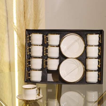 طقم فناجين قهوة 12/12 بورسلان ابيض يد مقبض حيف ذهبي GY2413 ++