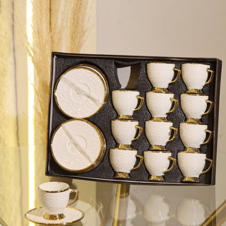طقم فناجين قهوة 12/12 بورسلان ابيض مرسم اقواس قاعدة وحيف ذهبي GY2417 ++