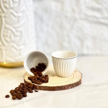 طقم فناجين قهوة سادة/12بورسلان ابيض محزز حيف ذهبي GY2418 ++