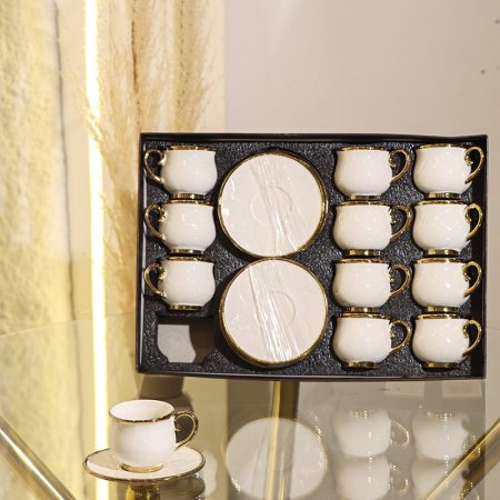 طقم فناجين قهوة 12/12 بورسلان ابيض قدرة نقشة ورقة حيف ذهبي GY2423 ++