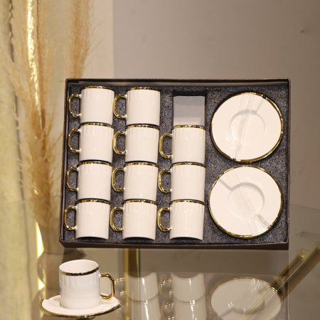 طقم فناجين قهوة 12/12 بورسلان ابيض حيف ذهبي محزز GY2424 ++
