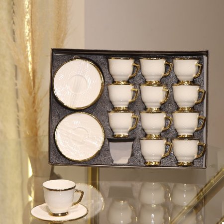 طقم فناجين قهوة 12/12 بورسلان ابيض مجدول قاعدة وحيف ذهبي GY2425 ++