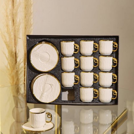 طقم فناجين قهوة 12/12 بورسلان ابيض مشجر حيف ذهبي GY2426 ++