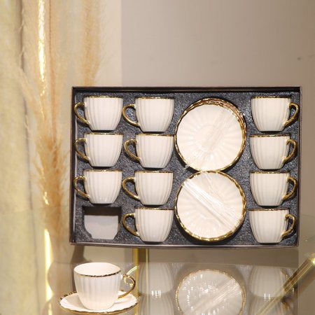 طقم فناجين قهوة 12/12 بورسلان ابيض محزز حيف ذهبي GY2429 ++