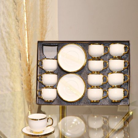 طقم فناجين قهوة 12/12 بورسلان ابيض حيف وقاعدة ذهبي GY2430 ++