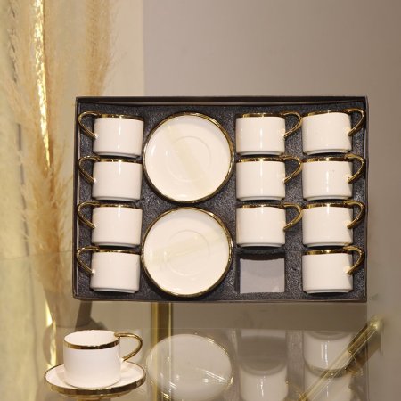 طقم فناجين قهوة 12/12 بورسلان ابيض سادة مدور يد مثلث حيف ذهبي GY2431 ++