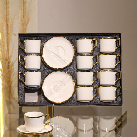 طقم فناجين قهوة 12/12 بورسلان ابيض سادة  يد معرج حيف ذهبي GY2433 ++