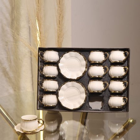 طقم فناجين قهوة 12/12 بورسلان ابيض وردة يد وقاعدة ذهبي GY2434 ++