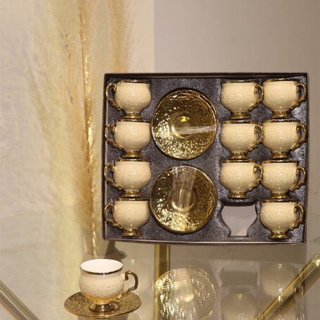 طقم فناجين قهوة 12/12 بورسلان كابتشينو مزخرف قاعدة  حيف و يد معرج ذهبي GY2450 ++