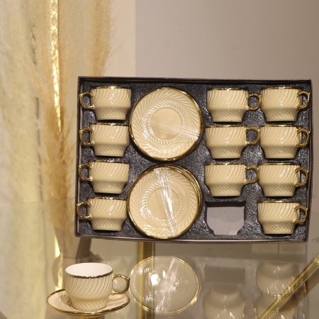 طقم فناجين قهوة 12/12 بورسلان كابتشينو محزز بقاعدة حيف ذهبي GY2460 ++